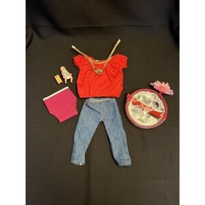 American Girl Outfit Red T Shirt, Jeans, Necklace, Undies, Bag, Tiny Baby Doll